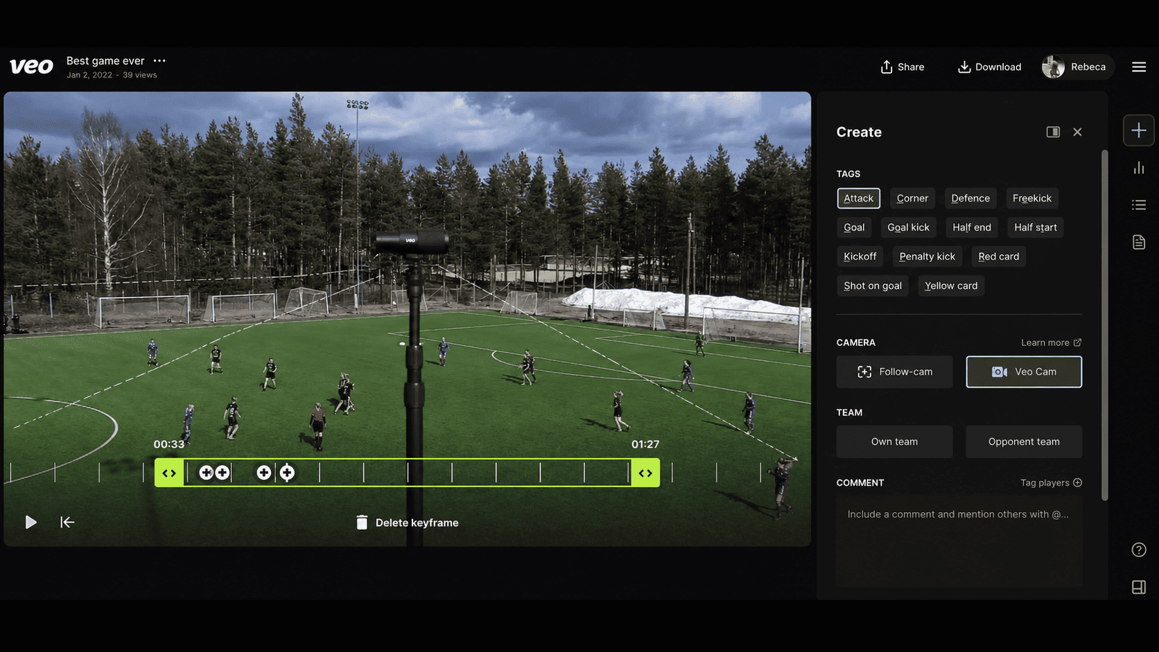 Interface Veo Editor avec follow-cam et événements taggés automatiquement